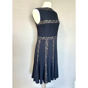 Tadashi Shoji Navy Blue Pintuck Lace Jersey Fit & Flare Dress Size Large